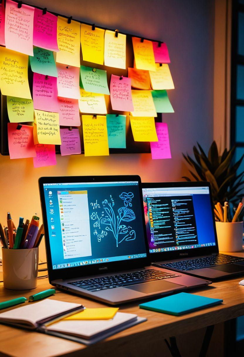 A cozy workspace filled with modern tech gadgets, including a laptop displaying coding tutorials and notebooks with handwritten expert opinions. A person is focused on the screen, surrounded by vibrant sticky notes and colorful tech tools. There are a mix of digital icons representing different hacks floating around the workspace, contributing to a creative atmosphere. The room's lighting is warm and inviting, inspiring knowledge and creativity. vibrant colors. 3D.