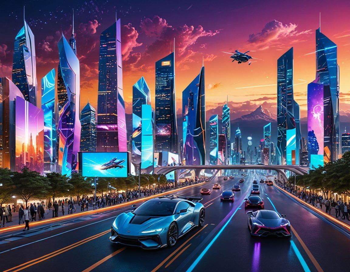 A futuristic city skyline featuring innovative technology, with flying cars and holographic advertisements illuminating the night sky. In the foreground, a diverse group of people engaging with interactive tech devices, showcasing collaboration and learning. A glowing key symbolizing 'unlocking the future' is integrated into the design. vibrant colors. digital art. high-tech atmosphere.