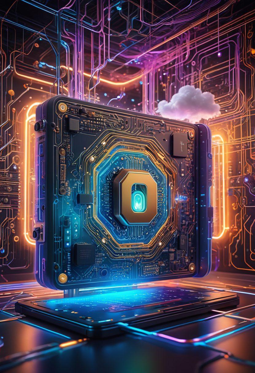 A vibrant digital landscape filled with abstract representations of technology such as circuit boards, data streams, and cloud symbols. In the foreground, an open lock symbolizing 'unlocking insights' with light rays emanating from it. The background features silhouettes of people interacting with devices, showcasing collaboration and exploration in tech. Hints of various digital icons scattered throughout. super-realistic. vibrant colors. 3D.